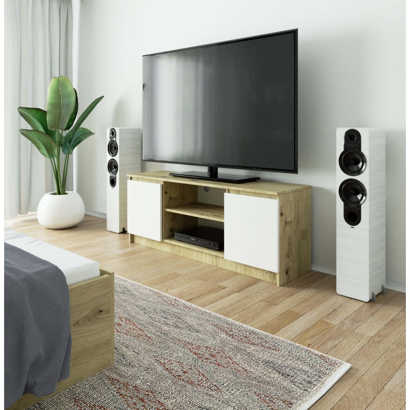 Szafka RTV 140 cm pod telewizor - dąb artisan-biała wizualizacja