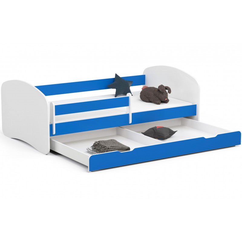 Łóżko dziecięce 180x90 SMILE z materacem i szufladą niebieskie otwarte