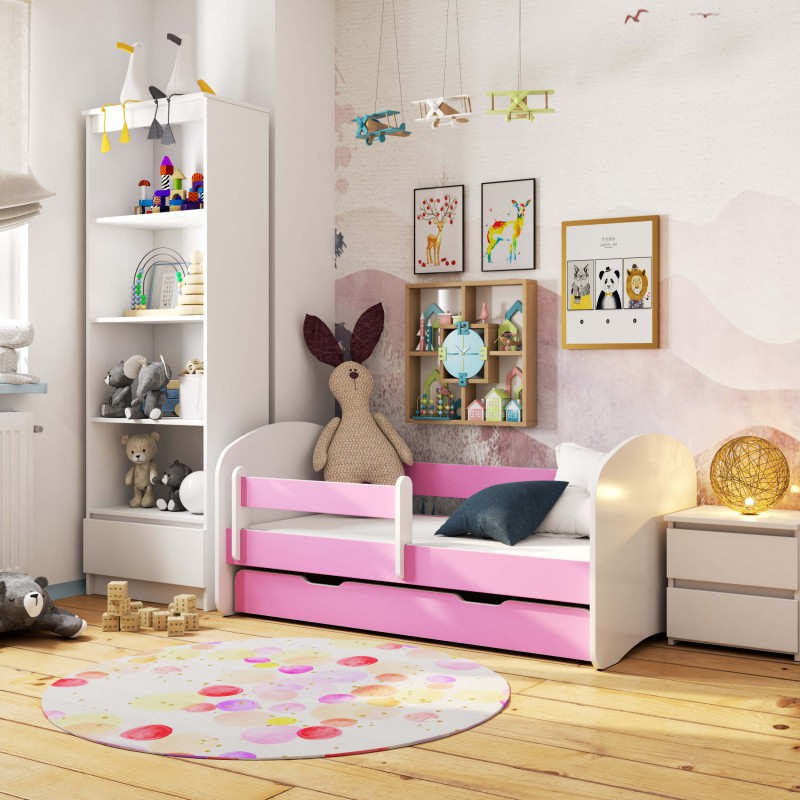 Łóżko dziecięce 180x90 SMILE z materacem i szufladą różowe wizualizacja pokoju