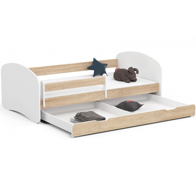 Łóżko dziecięce 180x90 SMILE z materacem i szufladą dąb sonoma otwarte