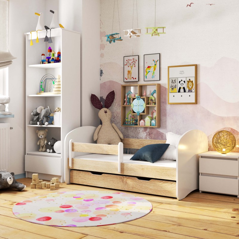 Łóżko dziecięce 180x90 SMILE z materacem i szufladą dąb sonoma wizualizacja pomieszczenia