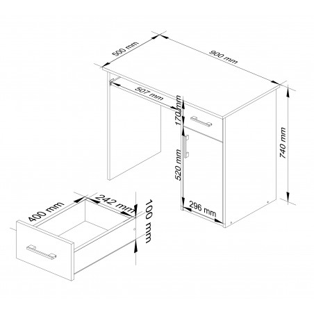 Biurko PIN 90 cm - białe-grafit szary - 1 szuflada 1 drzwi wymiary
