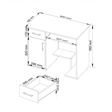 Biurko JAY 90 cm - białe-grafit szary - 1 szuflada 1 drzwi wymiary