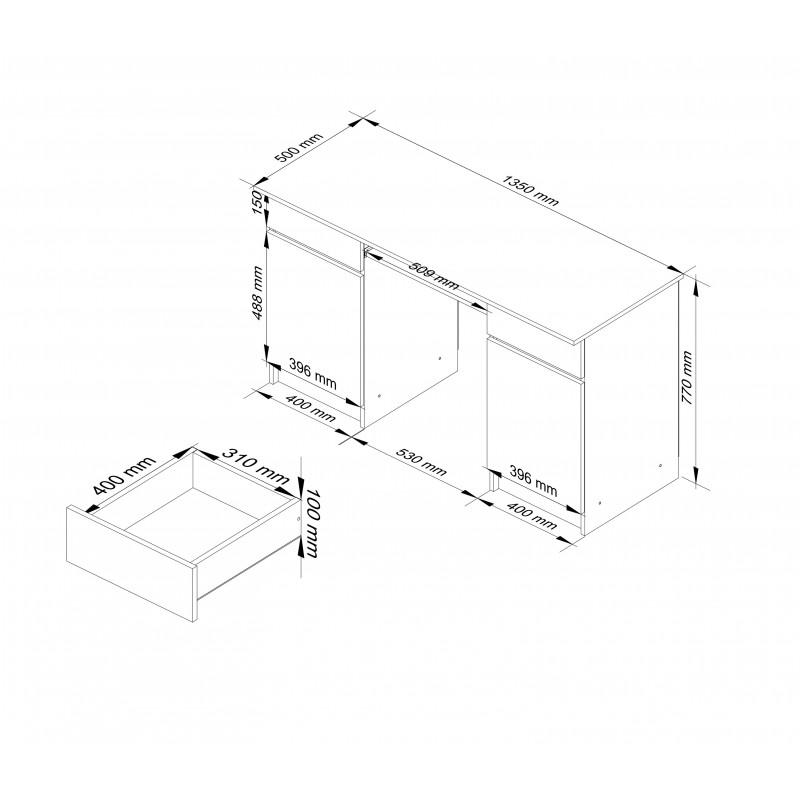 Biurko komputerowe A5 135 cm - białe-grafit szary - 2 drzwi 2 szuflady wymiary