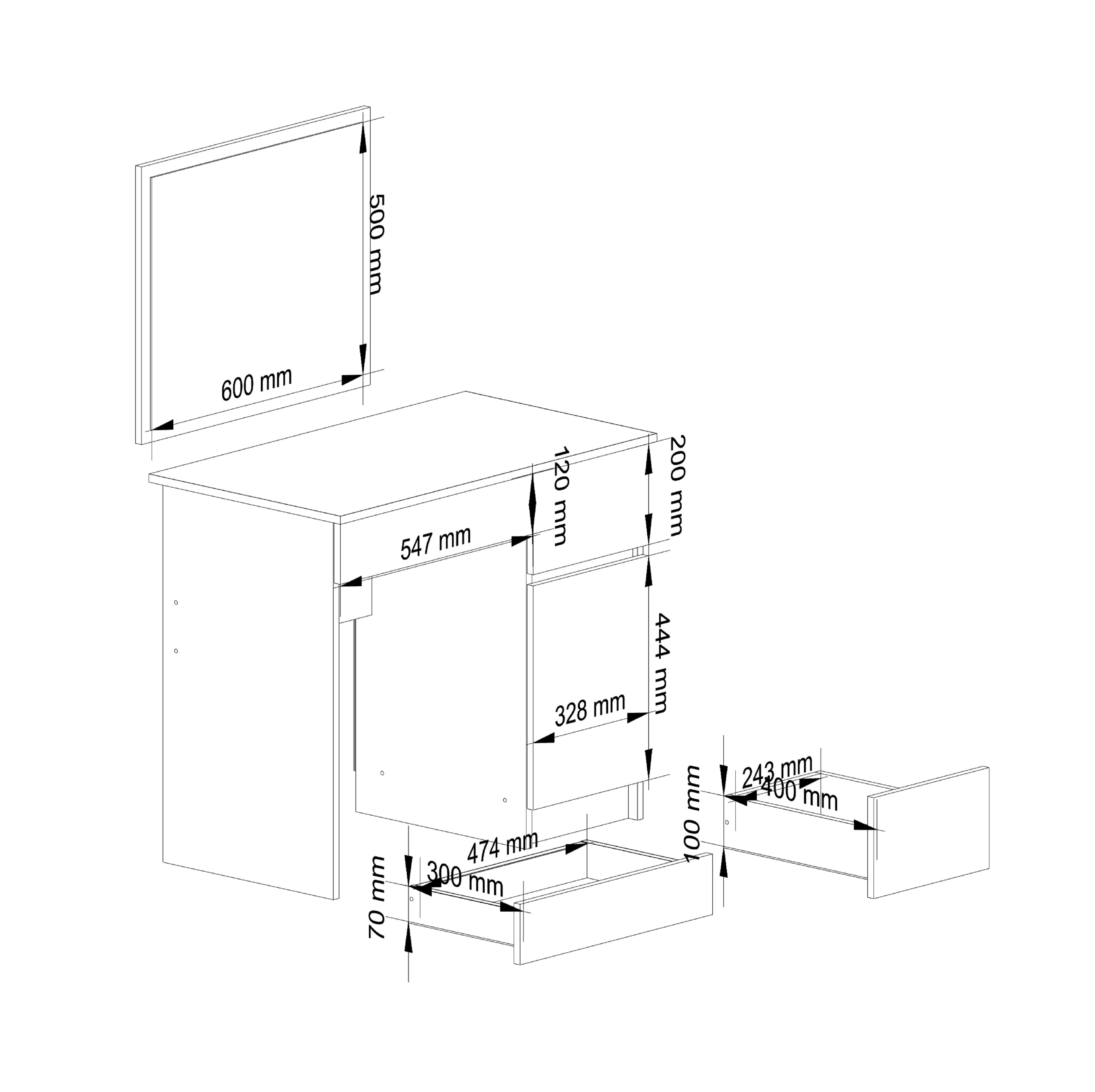 Meble AKORD - Toaletka Wenge 90 cm z lustrem 500x600 prawa 1 drzwi 2 szuflady kolor Biały mat 2 półki 90x50x142 cm - Wymiary toaletki AKORD - 5907512210499