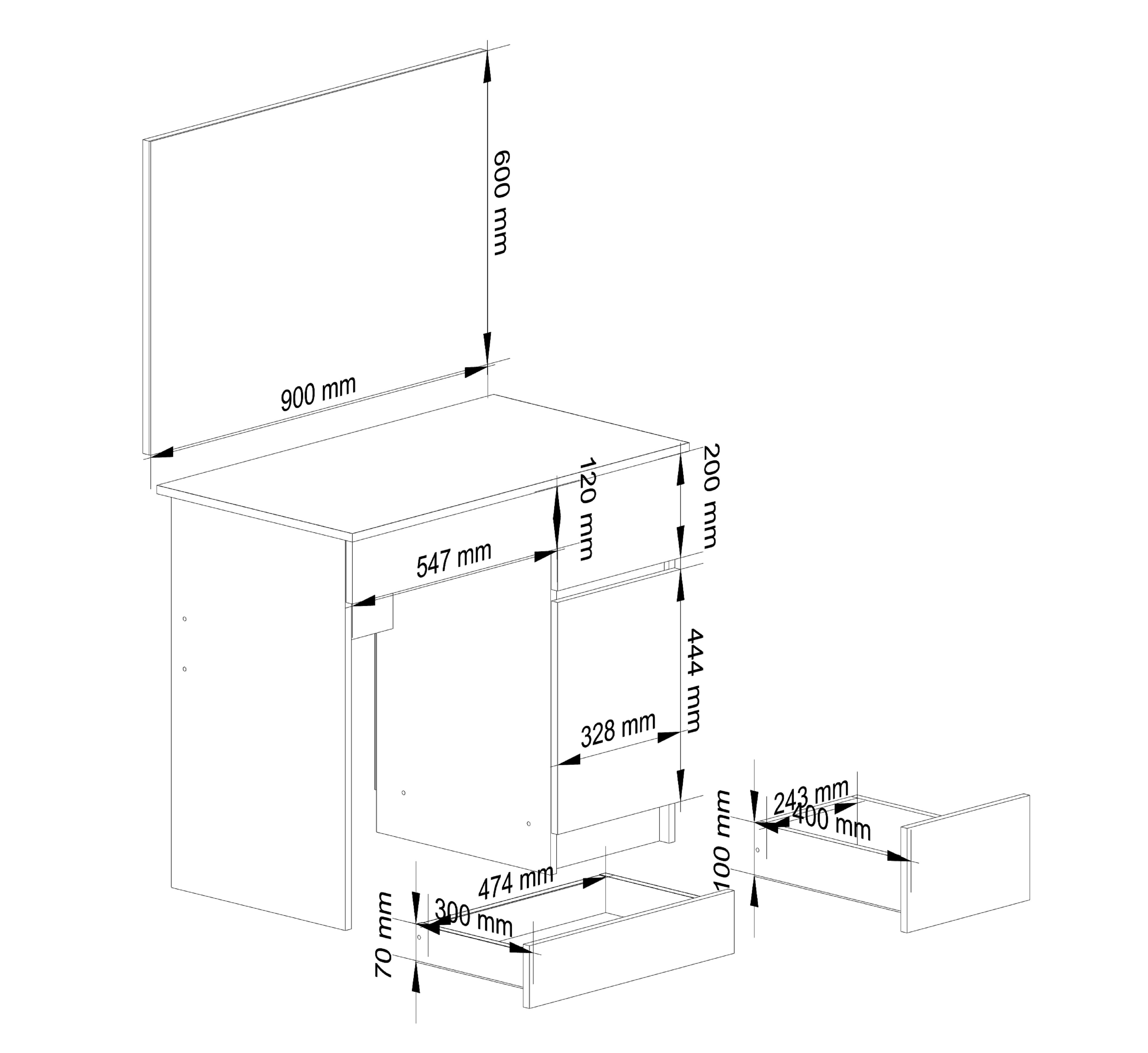 Meble AKORD - Toaletka Wenge 90 cm z lustrem 900x600 prawa 1 drzwi 2 szuflady kolor Biały mat 2 półki 90x50x142 cm - Wymiary toaletki AKORD - 5907512210659