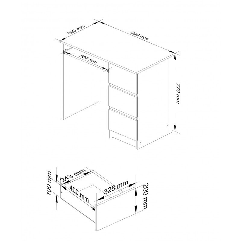 Biurko komputerowe A-6 90 cm prawe - dąb artisan-białe - 3 szuflady wymiary