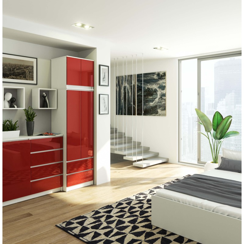 Szafa z nadstawką do sypialni 60 cm STAR - biała-czerwony połysk wizualizacja pomieszczenia