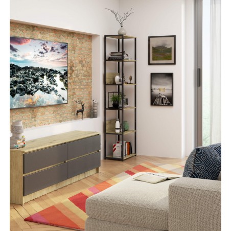 Regał loftowy metalowy 50 cm - czarny-dąb artisan - 6 półek wizualizacja pomieszczenia