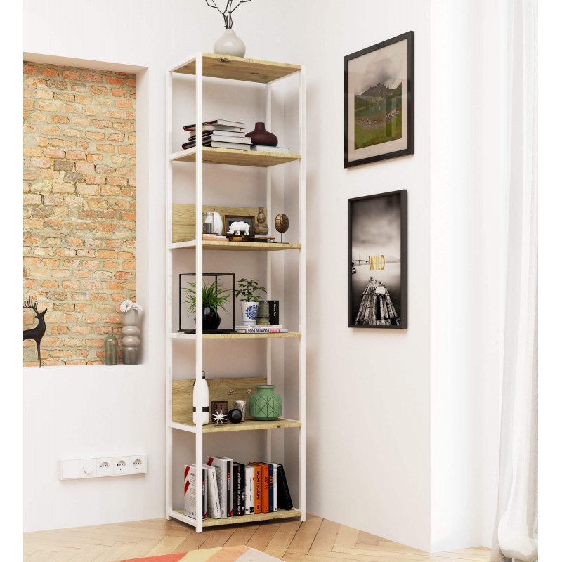 Regał loftowy metalowy 50 cm - biały-dąb artisan - 6 półek wizualizacja salonu