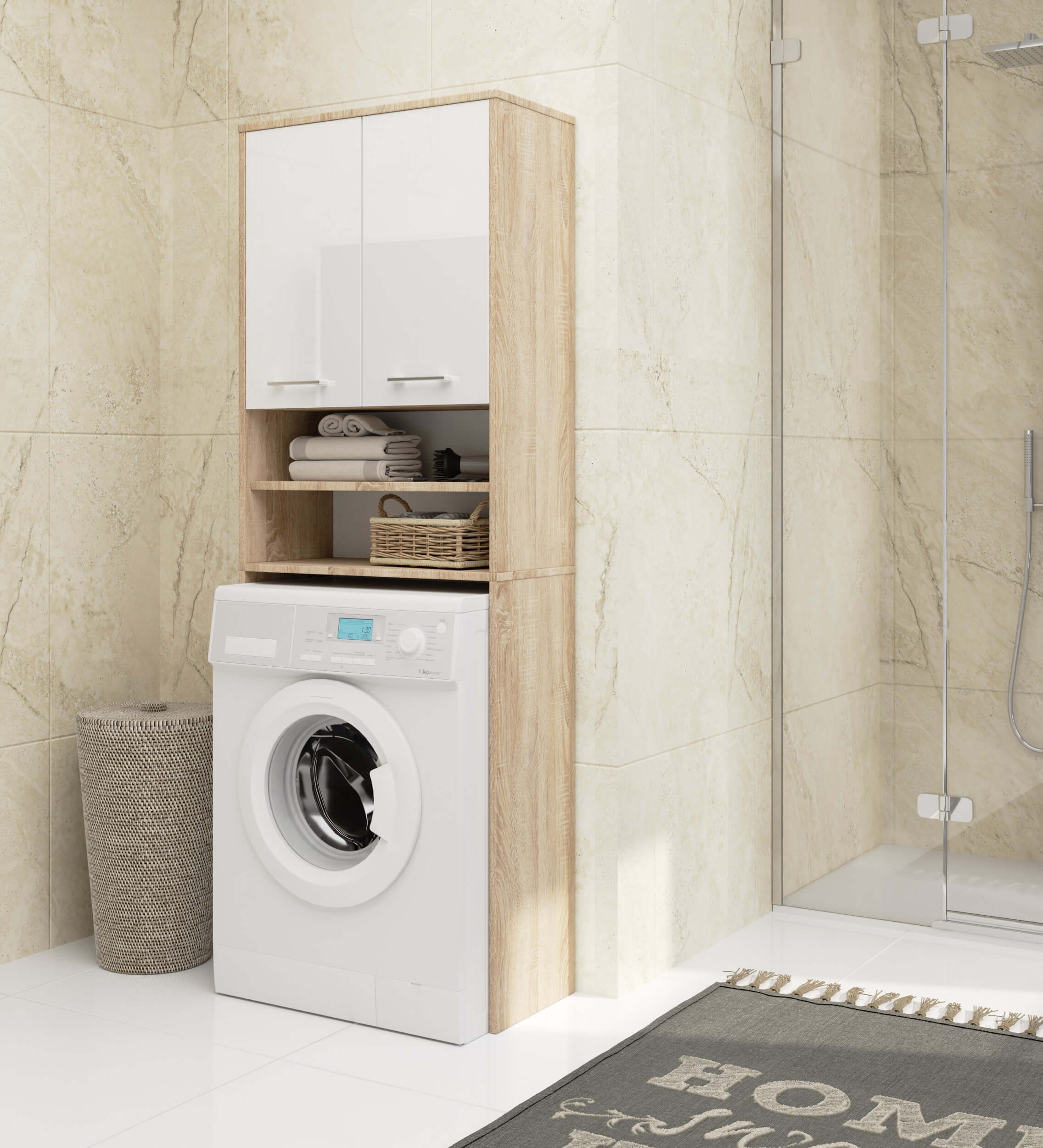 Armoire de salle de bain pour machine à laver, sur pied durable avec  étagère - chêne sonoma, 64 cm x 97,5 cm x 50 cm, etagere salle de bain,  colonne salle de