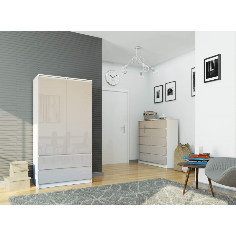 Szafa S 90 cm 2 drzwi 2 szuflady - biała-cappuccino połysk wizualizacja sypialni