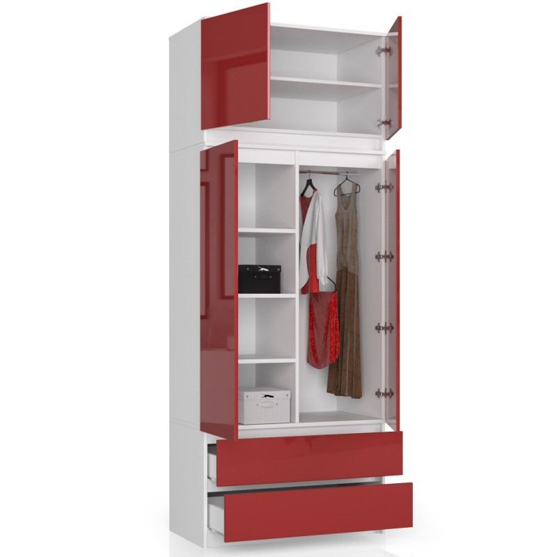 Nadstawka na szafę S 90 cm - biała-czerwony połysk - 2 drzwi szafa otwarta