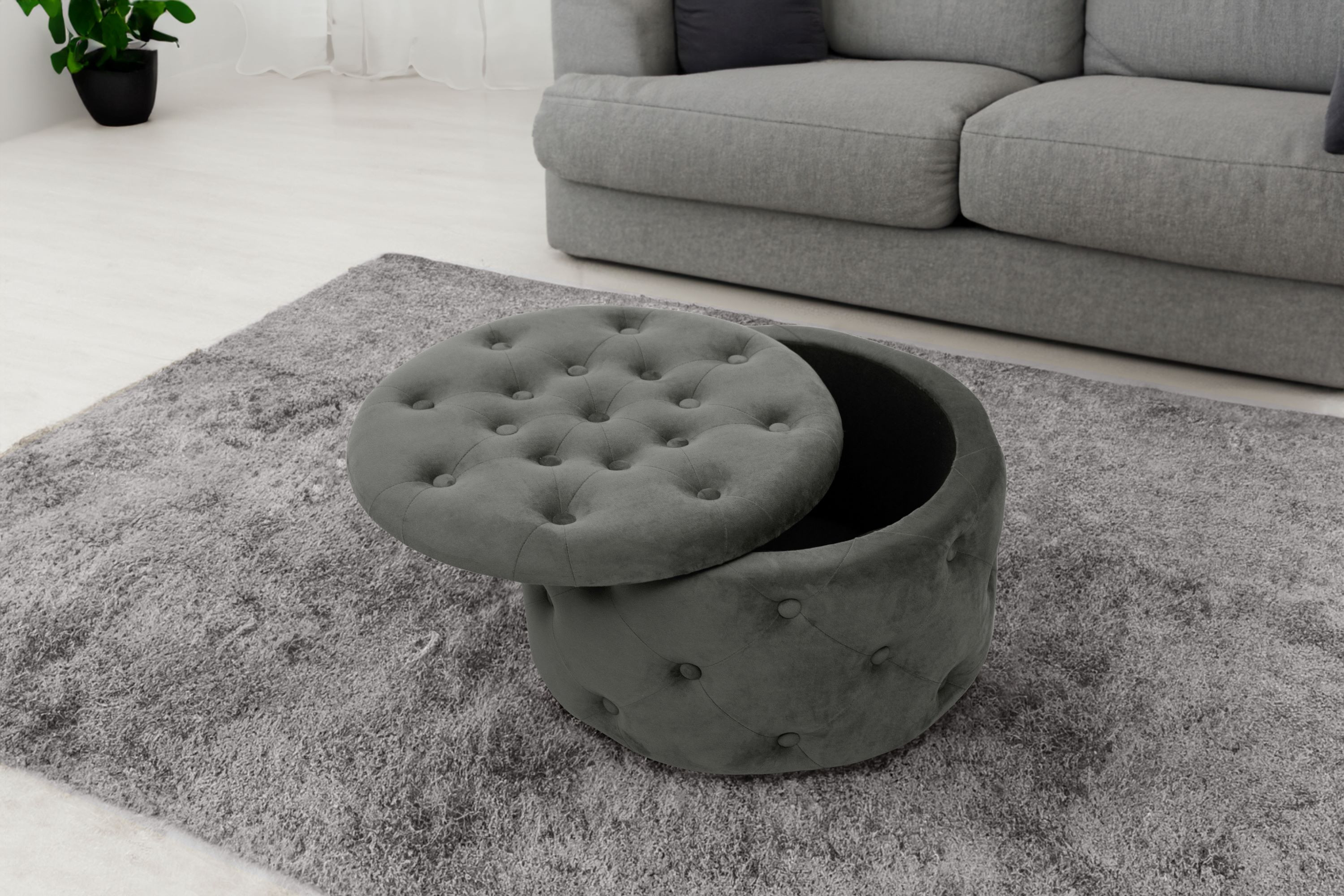 Pouf de Rangement avec Couvercle matelassé AKORD ALIA velour colour Gris Graphite hauteur 30 cm - AKORD Meubles