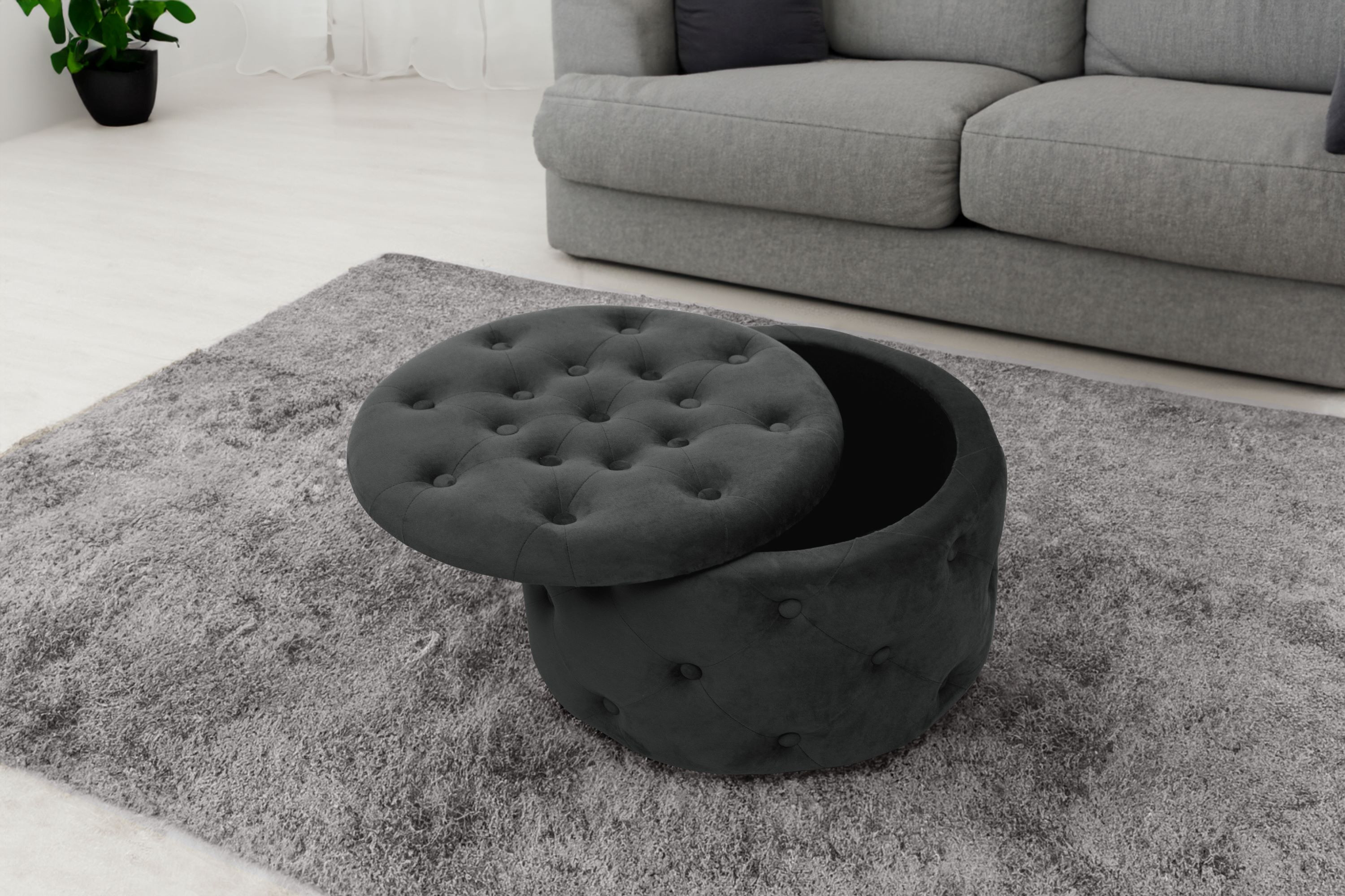 Pouf de Rangement avec Couvercle matelassé AKORD ALIA velour colour Noir hauteur 30 cm - AKORD Meubles