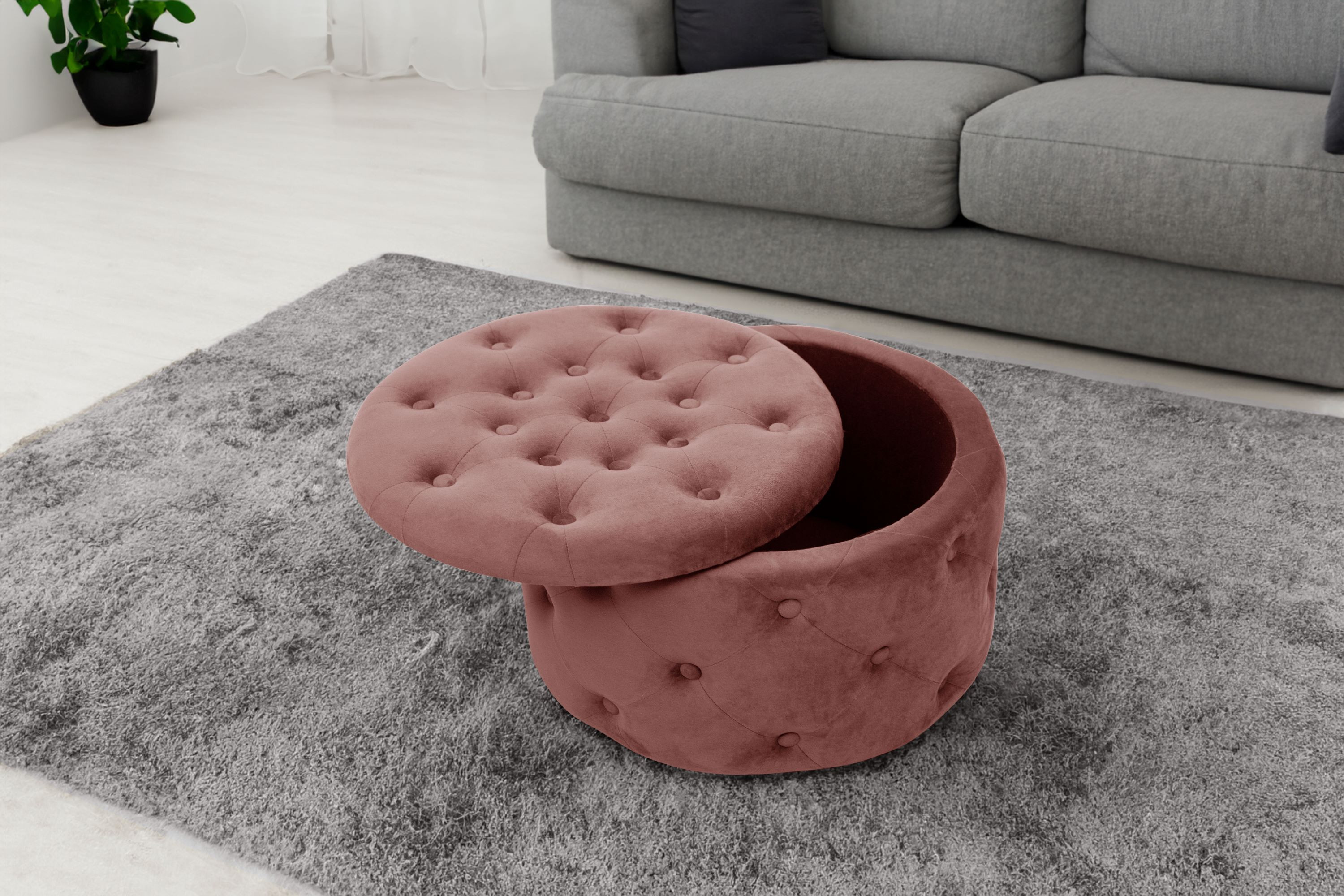 Pouf de Rangement avec Couvercle matelassé AKORD ALIA velour colour Rose hauteur 30 cm - AKORD Meubles