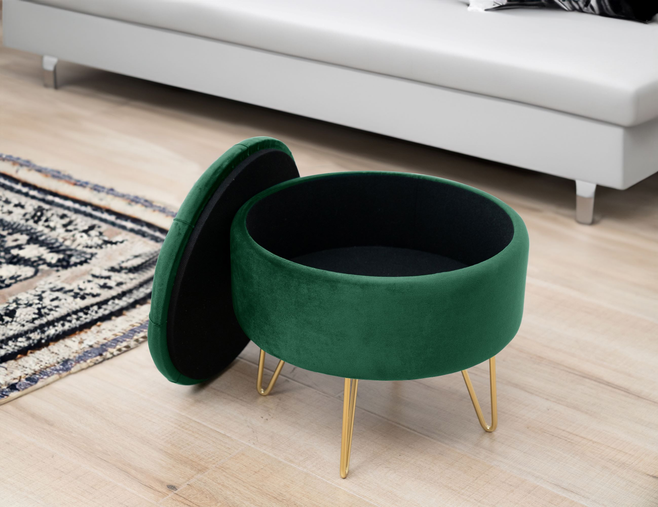 Pouf de Rangement avec Couvercle matelassé AKORD CARO velour colour Vert Bouteille hauteur 33 cm - AKORD Meubles