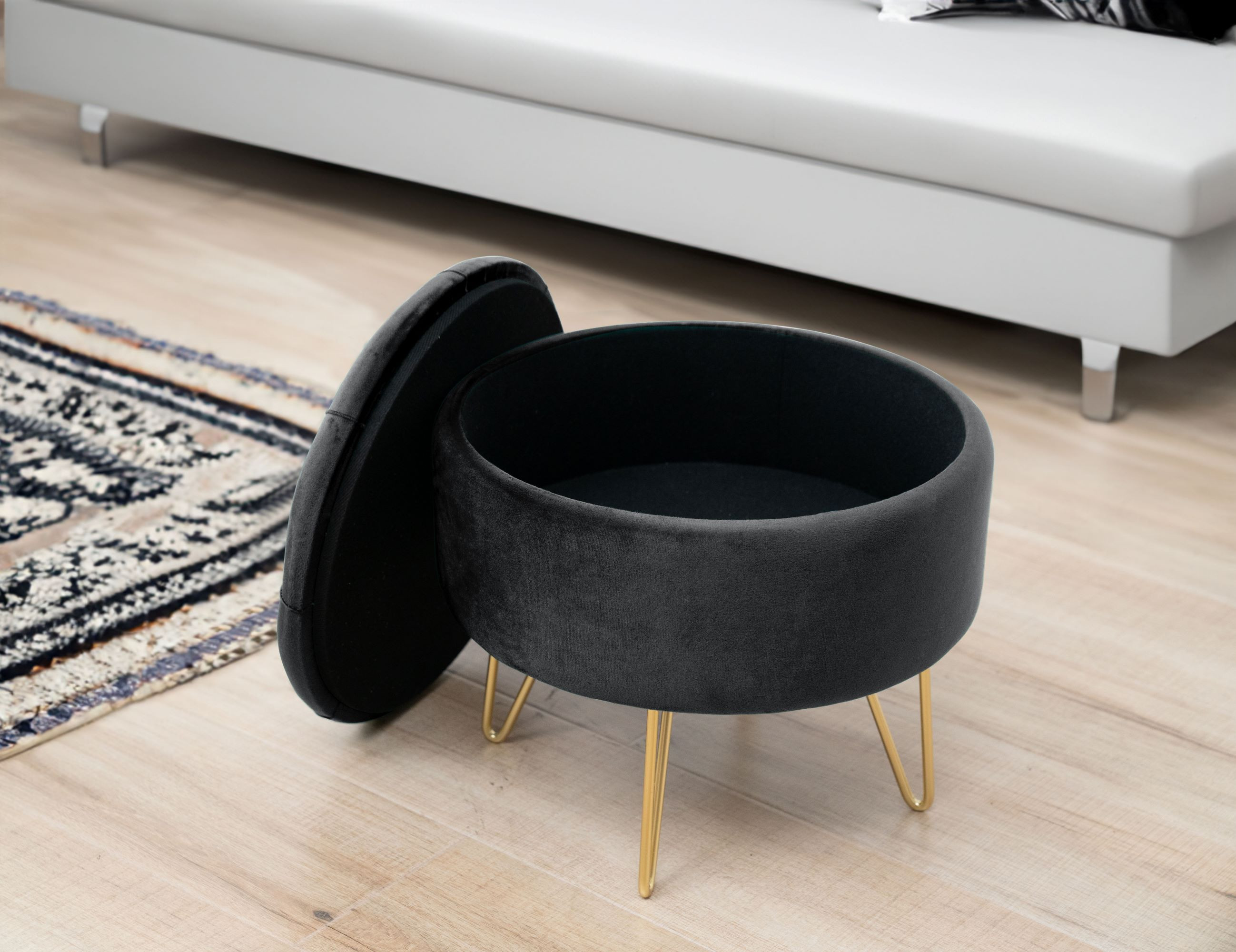Pouf de Rangement avec Couvercle matelassé AKORD CARO velour colour Noir hauteur 33 cm - AKORD Meubles