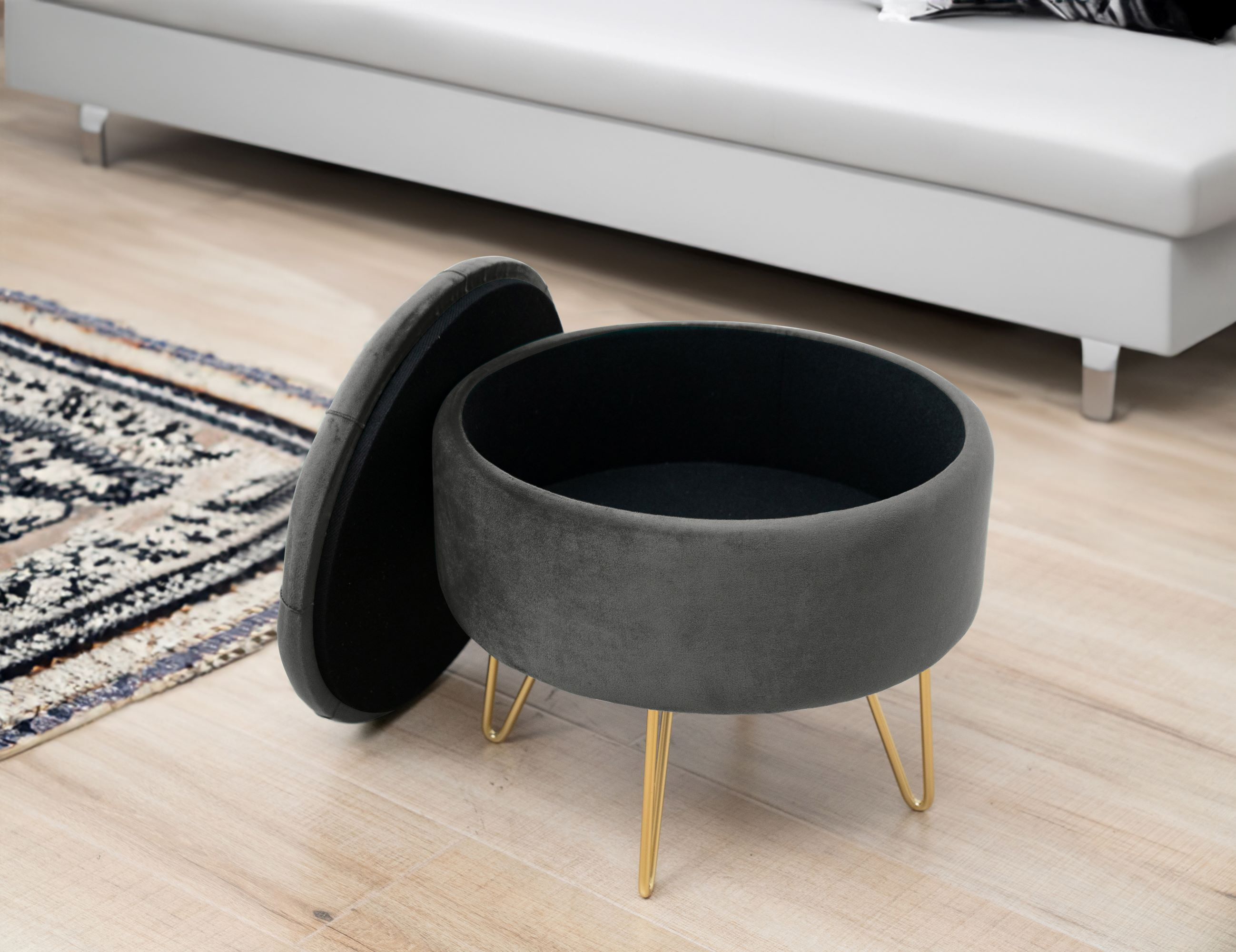 Pouf de Rangement avec Couvercle matelassé AKORD CARO velour colour Gris Graphite hauteur 33 cm - AKORD Meubles