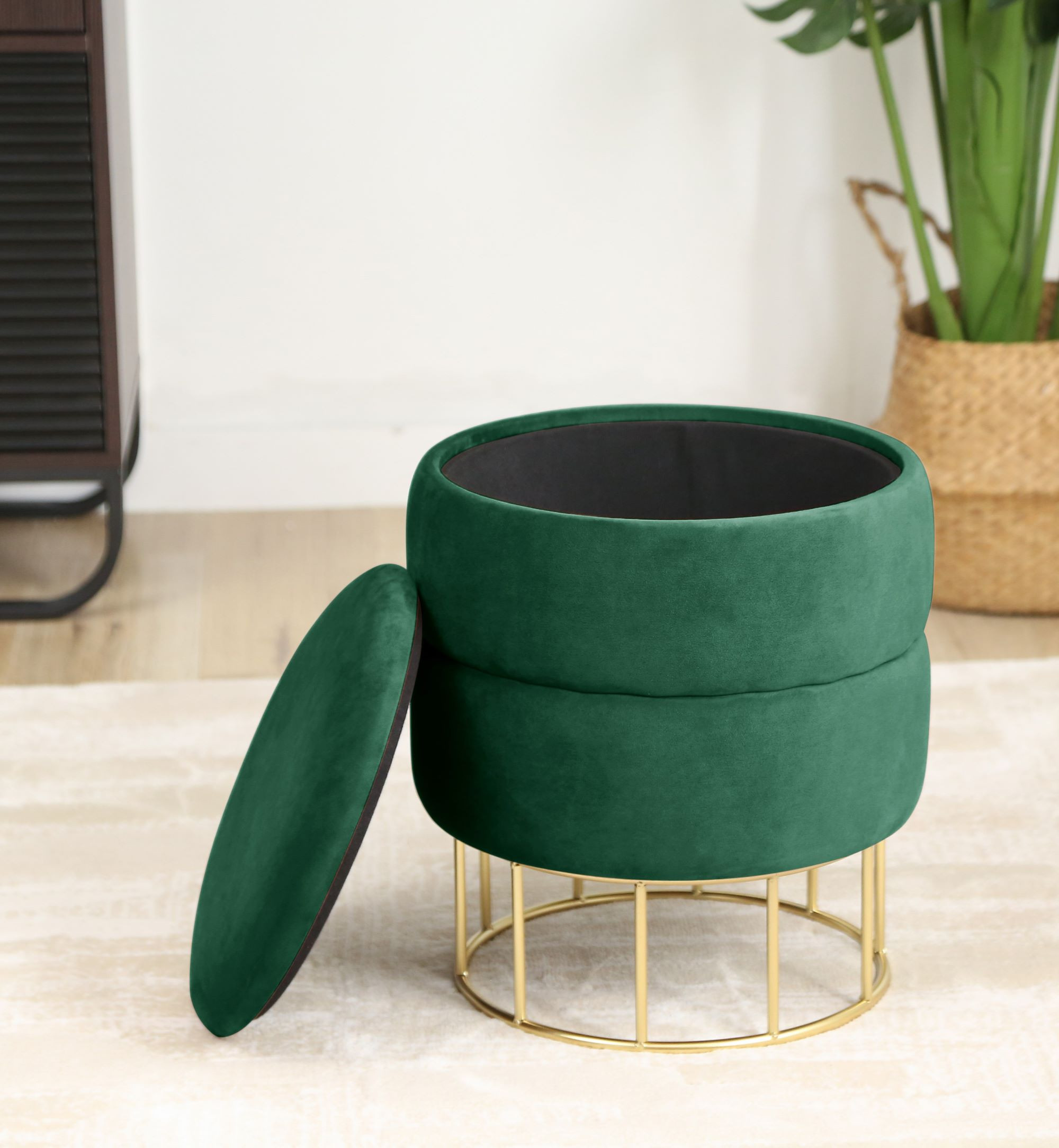 Pouf de Rangement avec Couvercle matelassé AKORD ELZA velour colour Vert Bouteille hauteur 42 cm - AKORD Meubles