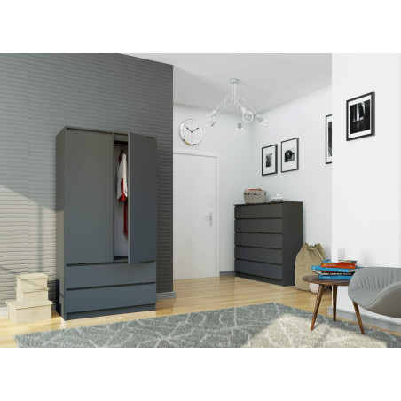 Szafa S 90 cm 2 drzwi 2 szuflady - grafit szary wizualizacja sypialni