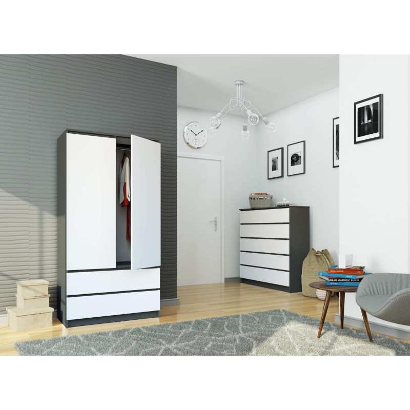 Szafa S 90 cm 2 drzwi 2 szuflady - grafit szary-biała wizualizacja sypialni