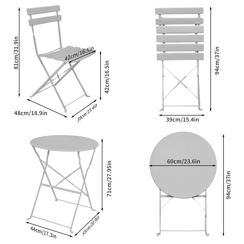 Zestaw balkonowy Orion stół + 2 krzesła szary wymiary