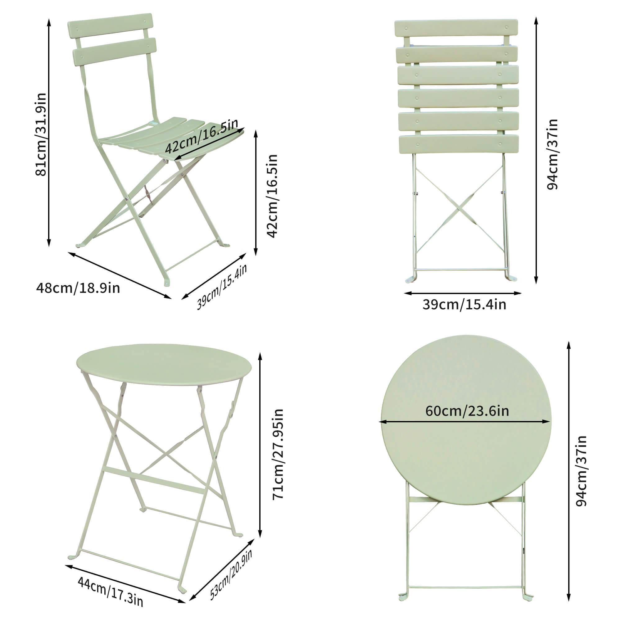 Wymiary 3D - Zestaw mebli balkonowych ORION Okrągły stół i 2 krzesła w kolorze świeżej zieleni - AKORD Fabryka Mebli