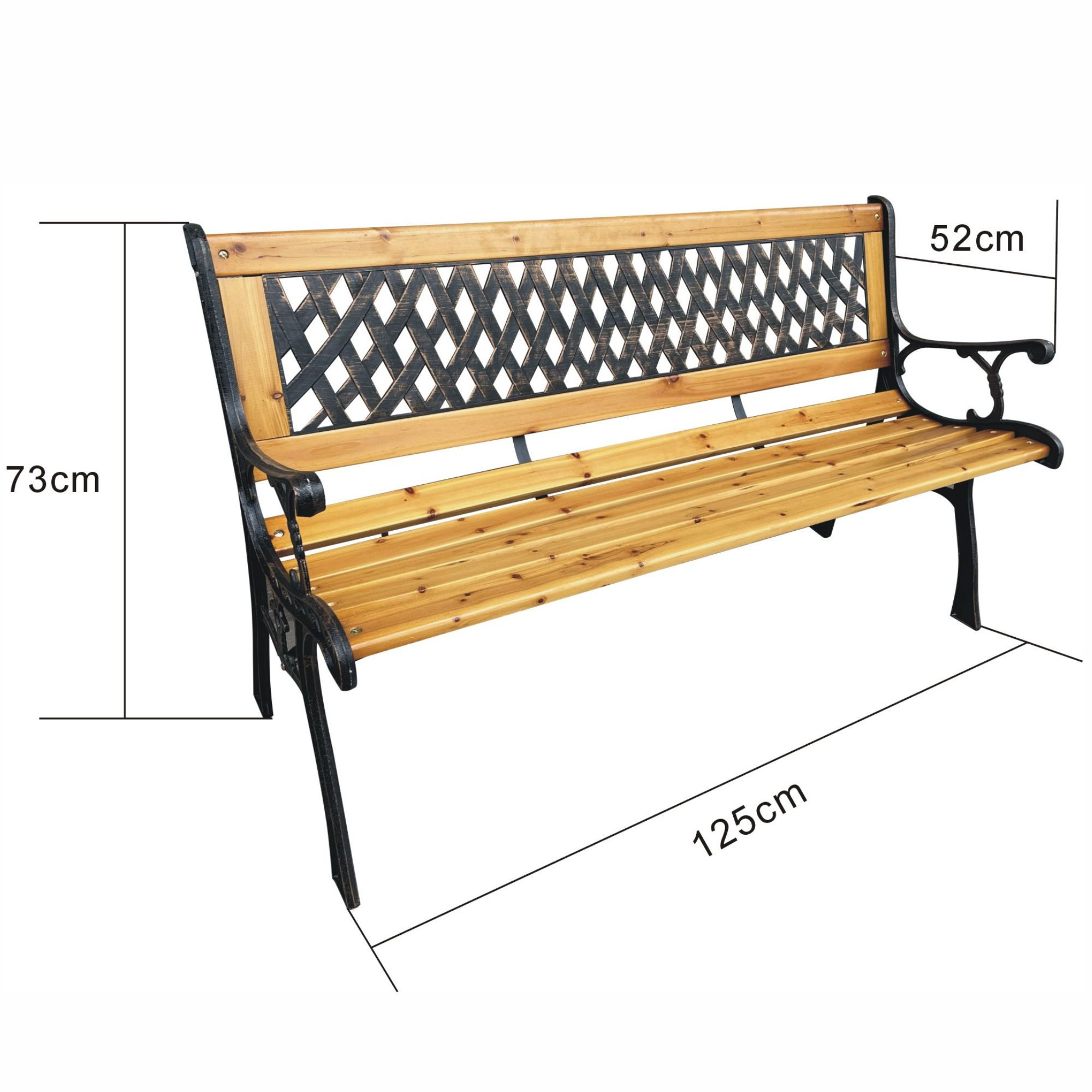 Wymiary 3D - Czarna ławka ogrodowa MIRT z lakierowanym drewnem i żeliwnymi nogami szerokość 127 cm - AKORD Fabryka Mebli