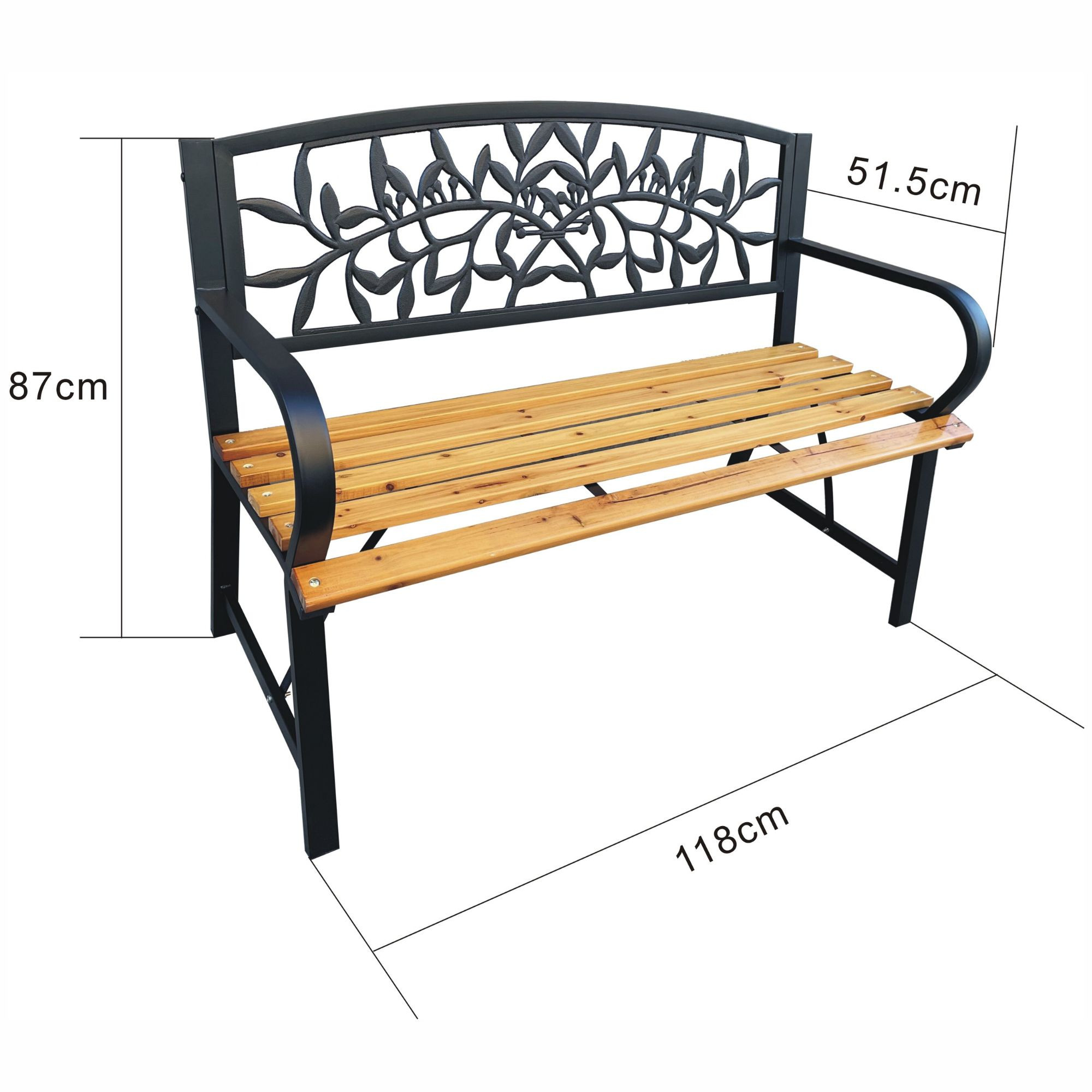 Wymiary 3D - Czarna ławka ogrodowa REO z lakierowanym drewnem i stalowymi nogami szerokość 118 cm - AKORD Fabryka Mebli