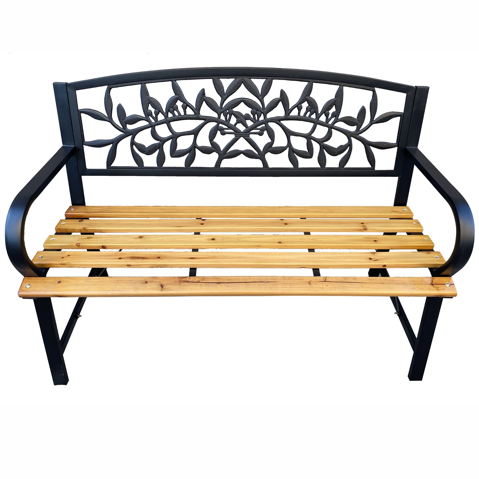 Czarna ławka ogrodowa REO z lakierowanym drewnem i stalowymi nogami szerokość 118 cm - AKORD Fabryka Mebli