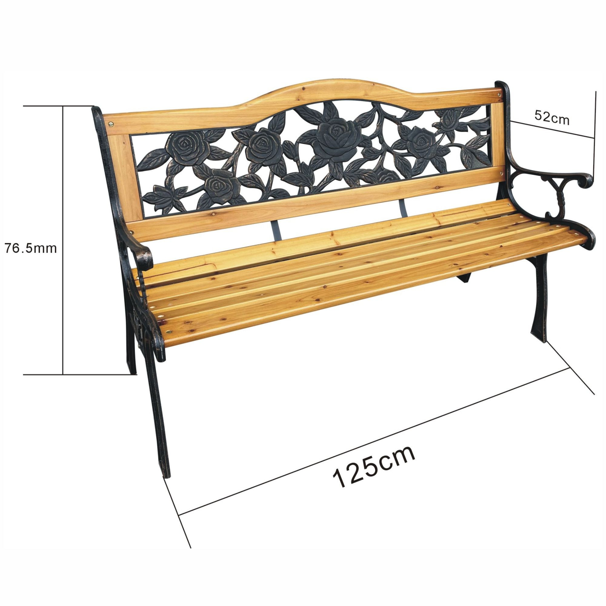Wymiary 3D - Czarna ławka ogrodowa ROSA z lakierowanym drewnem i stalowymi nogami szerokość 127 cm - AKORD Fabryka Mebli