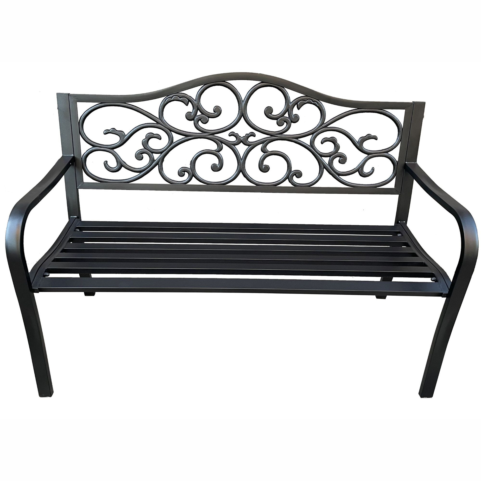 Czarna ławka ogrodowa IRGA ze stalowymi nogami i żeliwnym oparciem szerokość 127 cm - AKORD Fabryka Mebli
