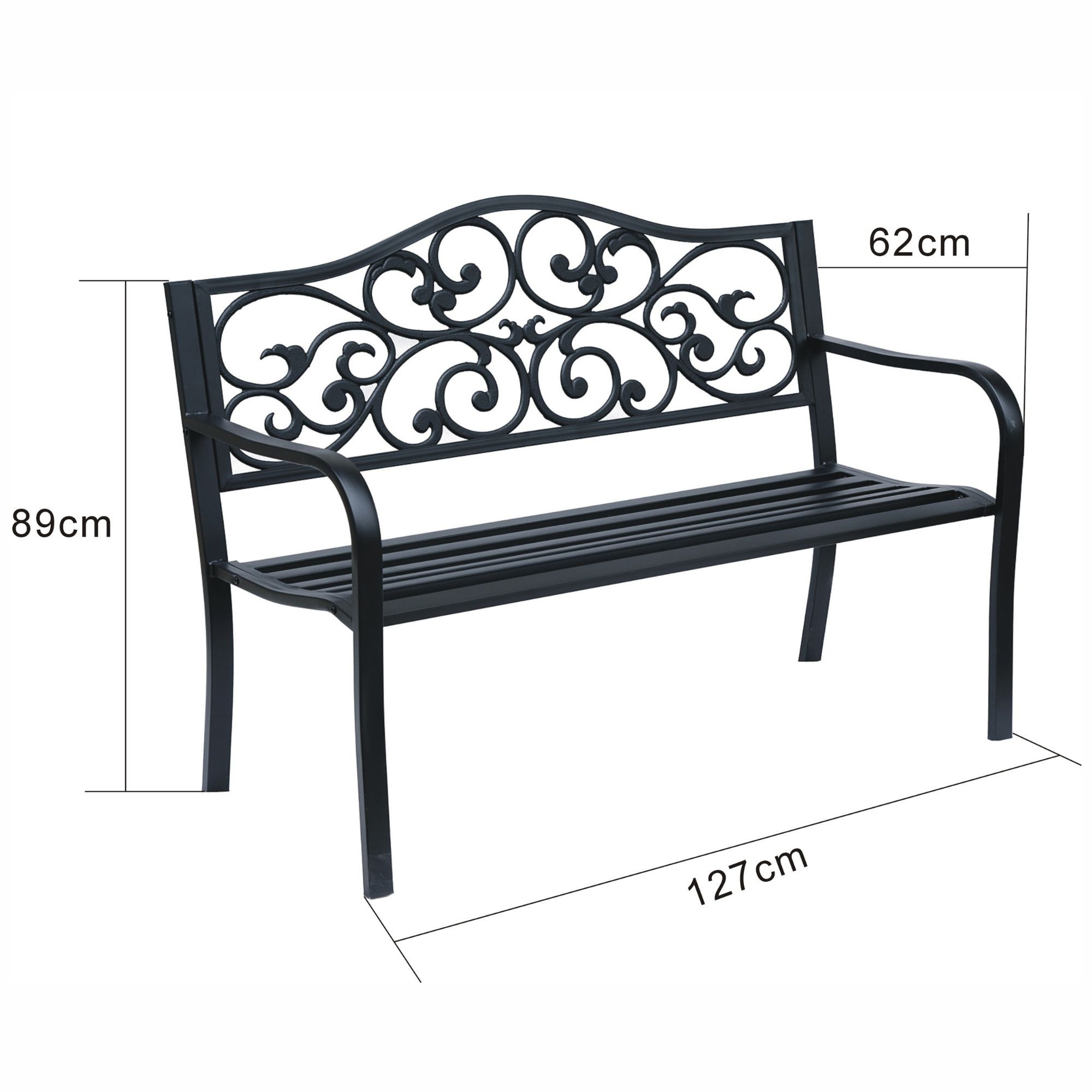 Wymiary 3D - Czarna ławka ogrodowa IRGA ze stalowymi nogami i żeliwnym oparciem szerokość 127 cm - AKORD Fabryka Mebli