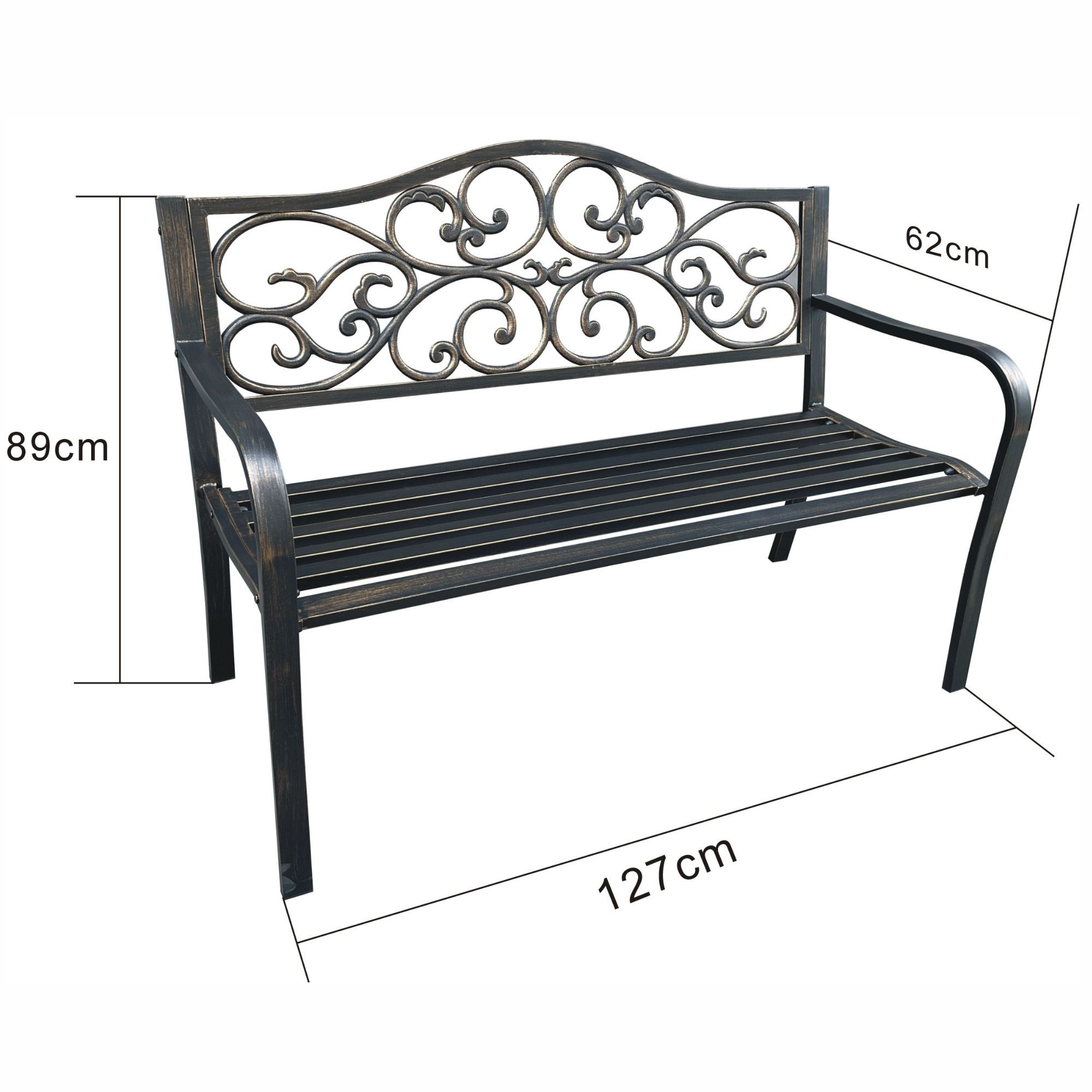 Wymiary 3D - Brązowa ławka ogrodowa IRGA ze stalowymi nogami i żeliwnym oparciem szerokość 127 cm - AKORD Fabryka Mebli