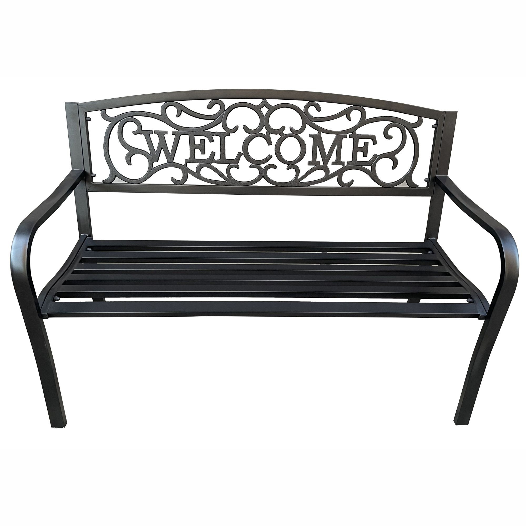 Czarna ławka ogrodowa IRYS ze stalowymi nogami i żeliwnym oparciem szerokość 127 cm - AKORD Fabryka Mebli