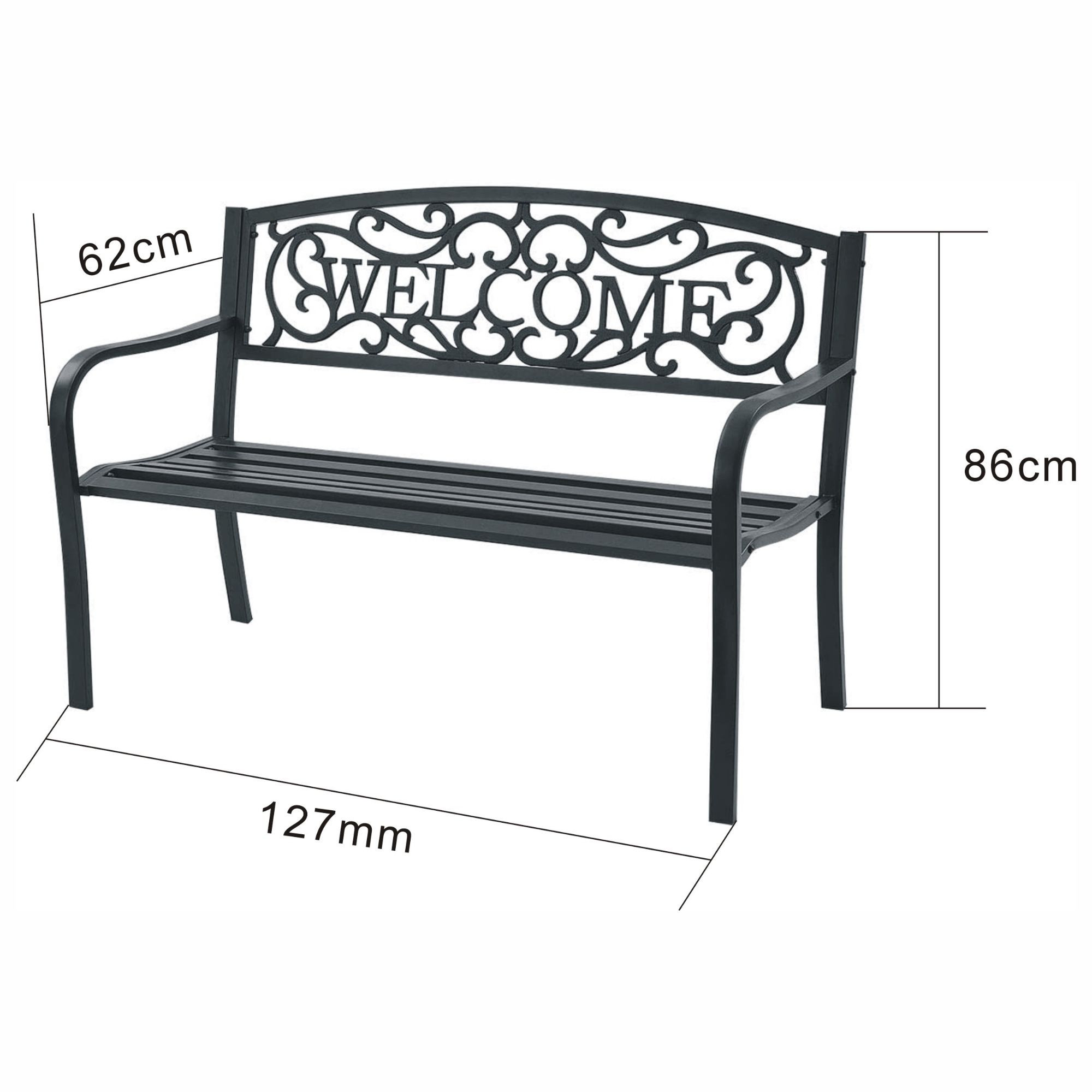 Wymiary 3D - Czarna ławka ogrodowa IRYS ze stalowymi nogami i żeliwnym oparciem szerokość 127 cm - AKORD Fabryka Mebli