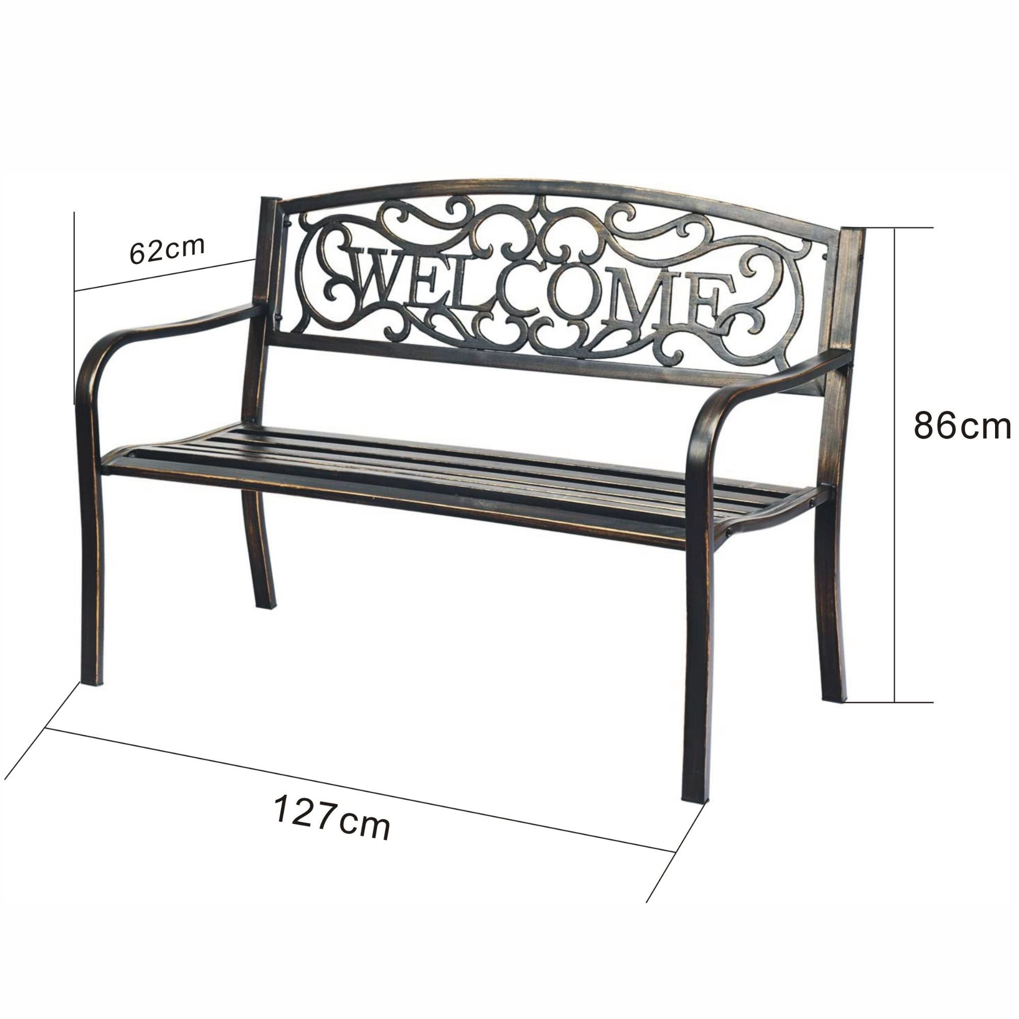 Wymiary 3D - Brązowa ławka ogrodowa IRYS ze stalowymi nogami i żeliwnym oparciem szerokość 127 cm - AKORD Fabryka Mebli