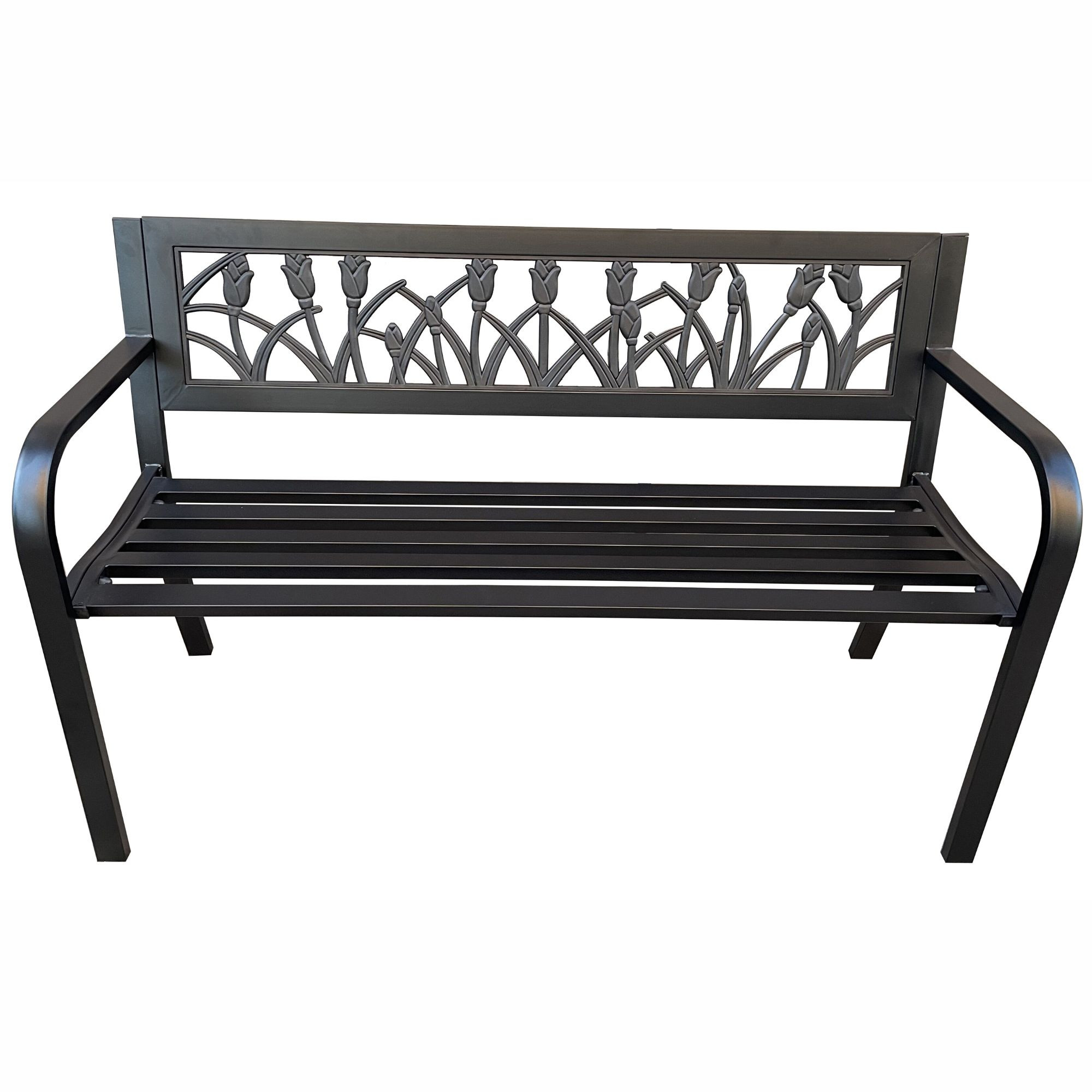 Czarna ławka ogrodowa LISSA ze stalowymi nogami szerokość 124 cm - AKORD Fabryka Mebli