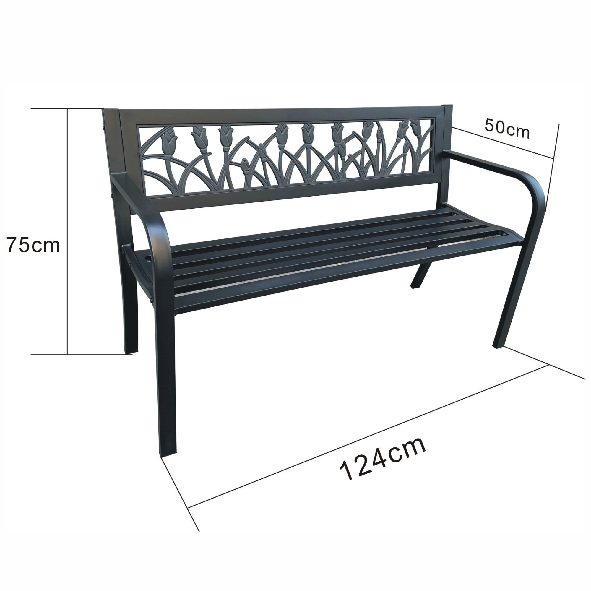 Wymiary 3D - Czarna ławka ogrodowa LISSA ze stalowymi nogami szerokość 124 cm - AKORD Fabryka Mebli