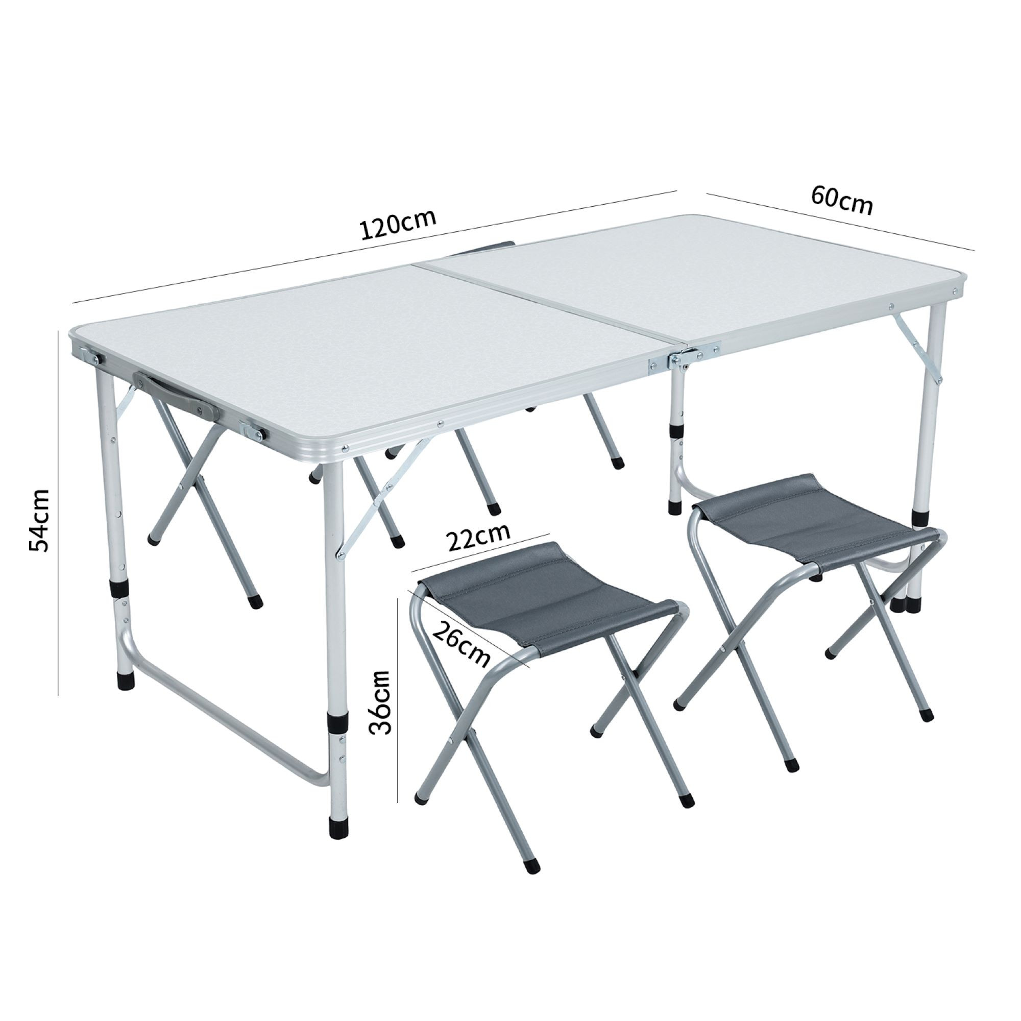 Wymiary 3D - Biały stół kempingowy AGIS z 4 szarymi składanymi krzesłami wymiary 120x60x70 cm - AKORD Fabryka Mebli
