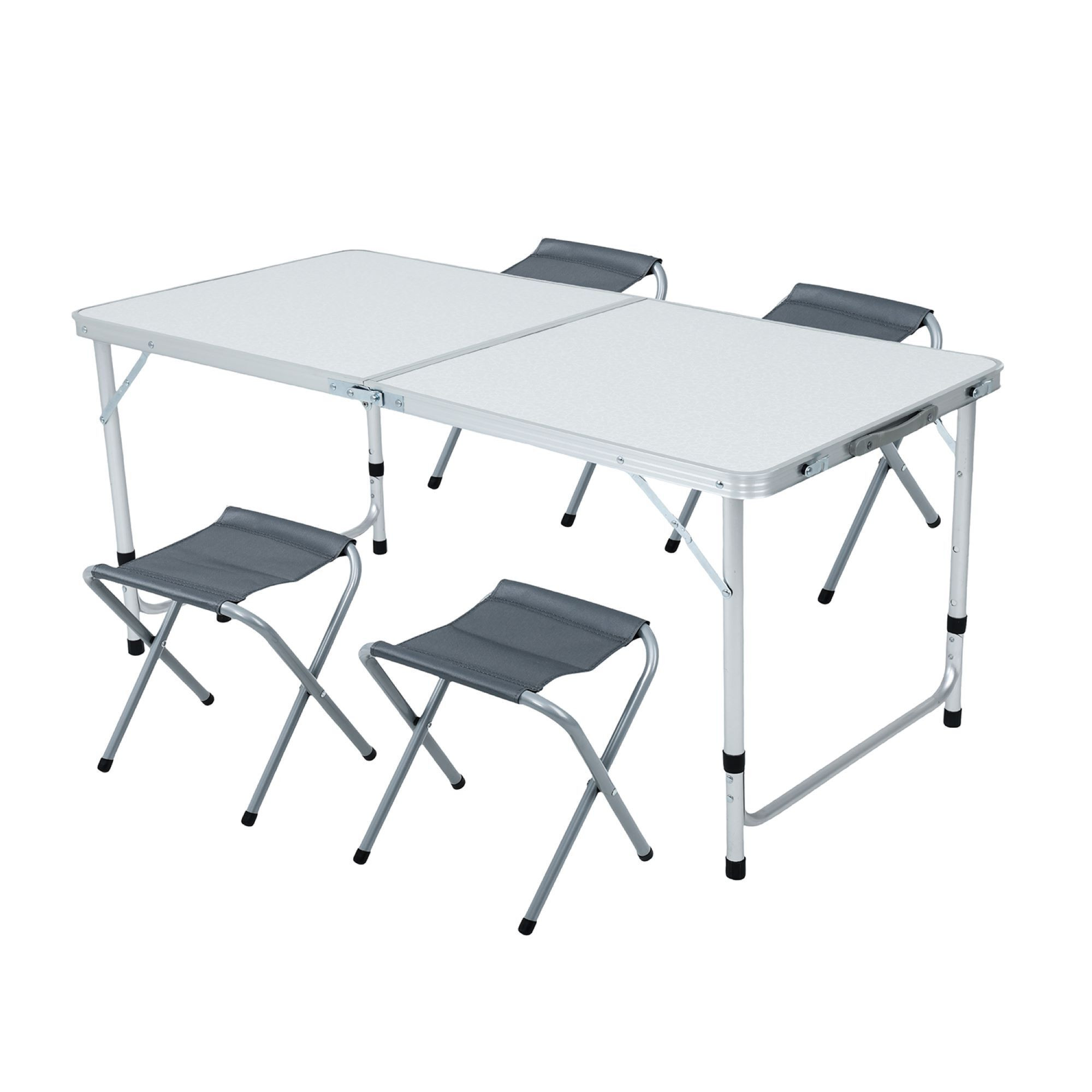 Biały stół kempingowy AGIS z 4 szarymi składanymi krzesłami wymiary 120x60x70 cm - AKORD Fabryka Mebli