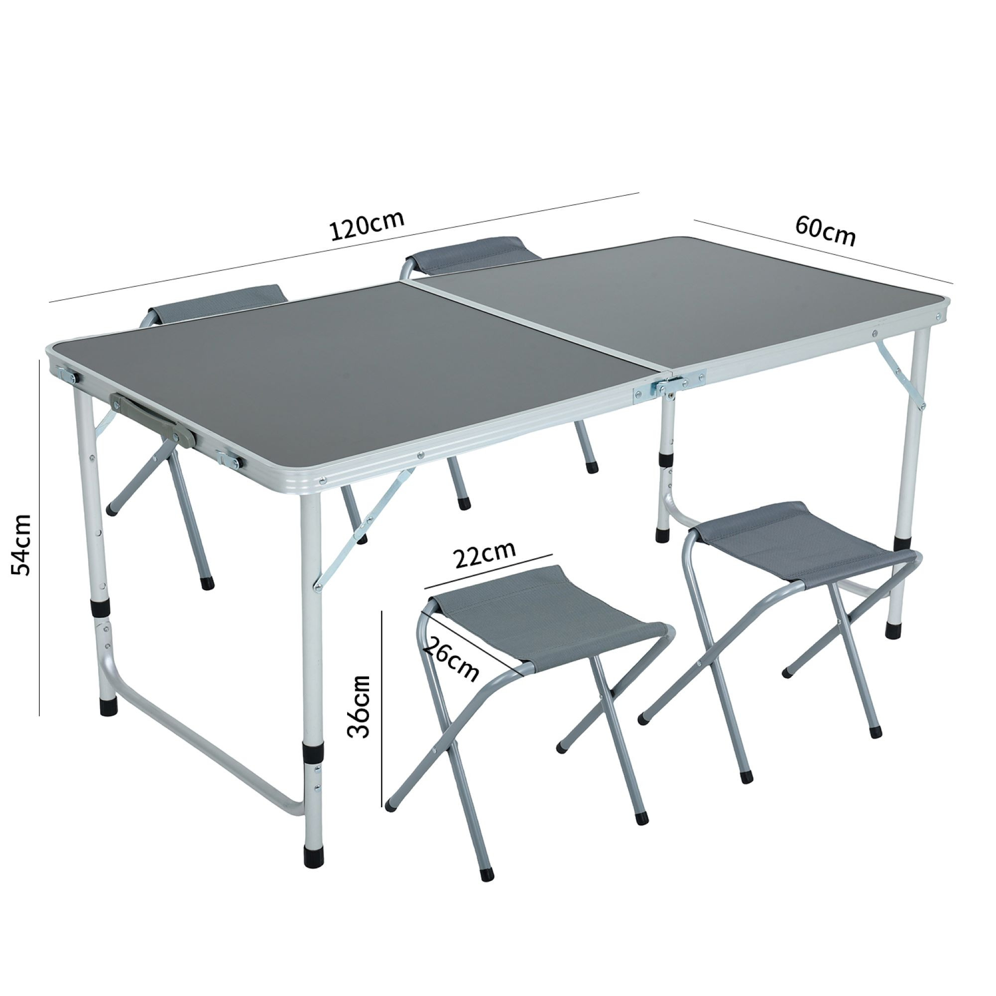 Wymiary 3D - Ciemnoszary stół kempingowy AGIS z 4 szarymi składanymi krzesłami wymiary 120x60x70 cm - AKORD Fabryka Mebli