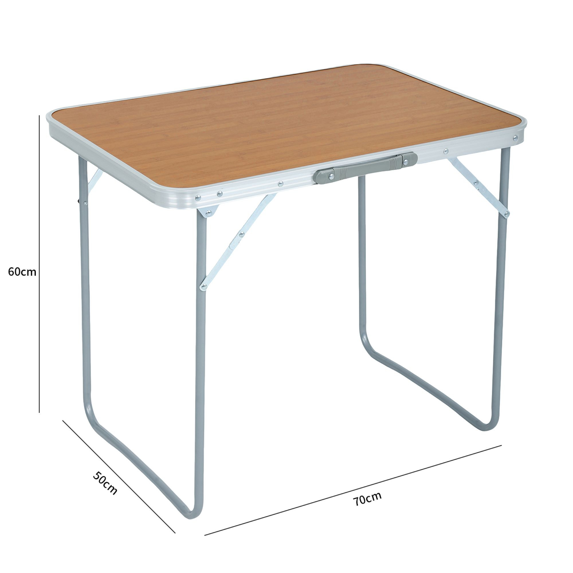 Wymiary 3D - Składany stolik kempingowy ARES z aluminium o wyglądzie drewna wymiary 70x60x50 cm - AKORD Fabryka Mebli