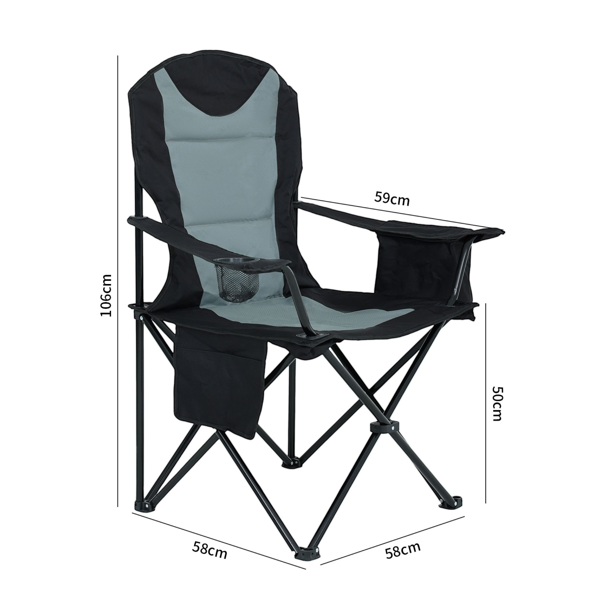 Wymiary 3D - Wygodne krzesło kempingowe FOTYN z uchwytem na kubek i pojemnikiem chłodzącym w kolorze czarnym z szarym - AKORD Fabryka Mebli