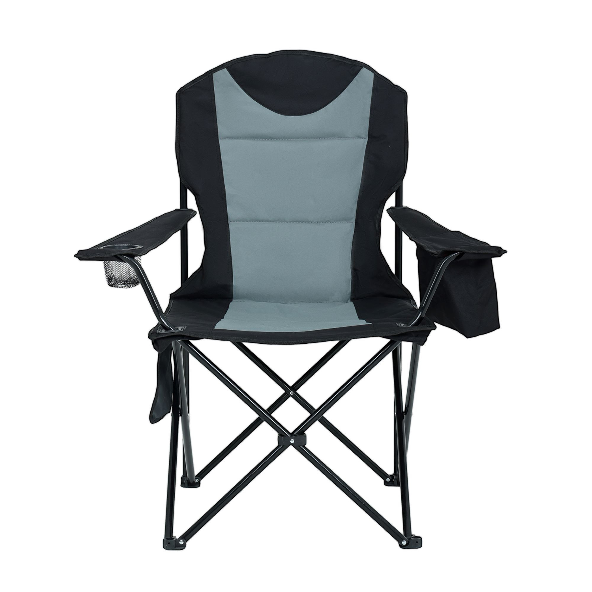 Wygodne krzesło kempingowe FOTYN z uchwytem na kubek i pojemnikiem chłodzącym w kolorze czarnym z szarym - AKORD Fabryka Mebli