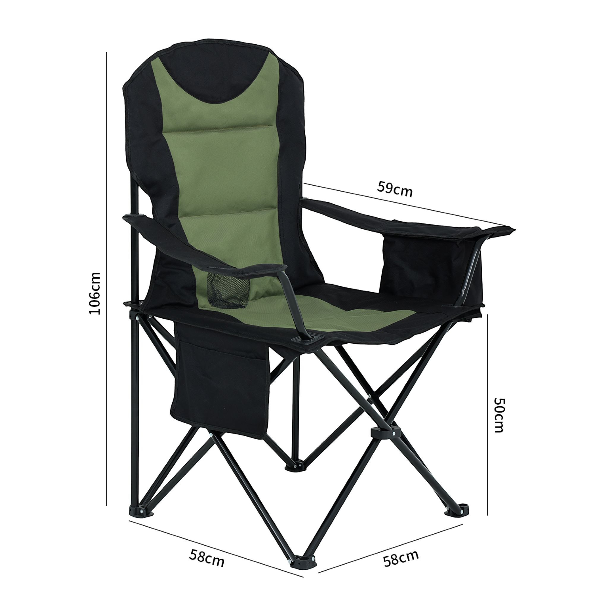 Wymiary 3D - Wygodne krzesło kempingowe FOTYN z uchwytem na kubek i pojemnikiem chłodzącym w kolorze czarnym z zielonym - AKORD Fabryka Mebli