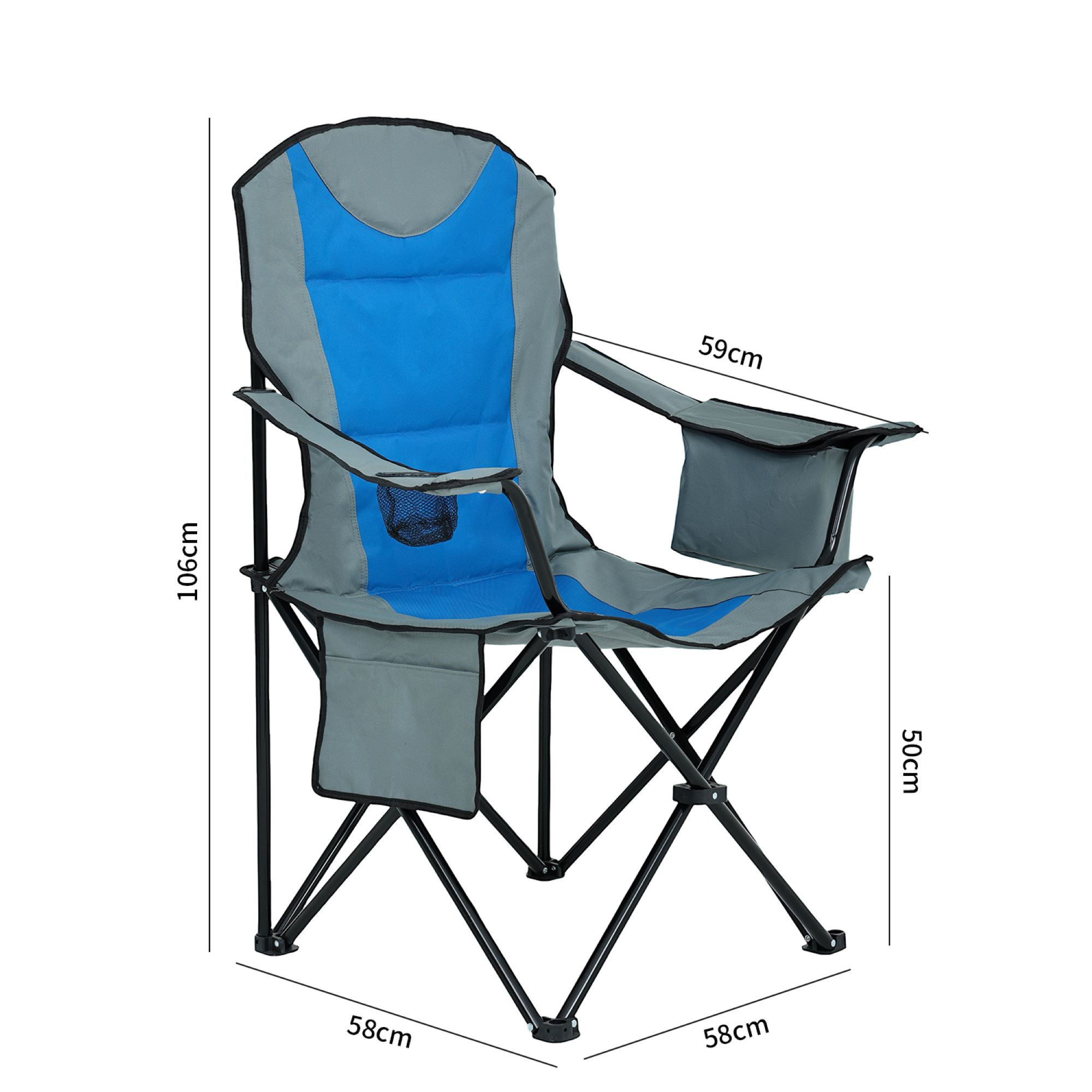 Wymiary 3D - Wygodne krzesło kempingowe FOTYN z uchwytem na kubek i pojemnikiem chłodzącym w kolorze szarym z niebieskim - AKORD Fabryka Mebli
