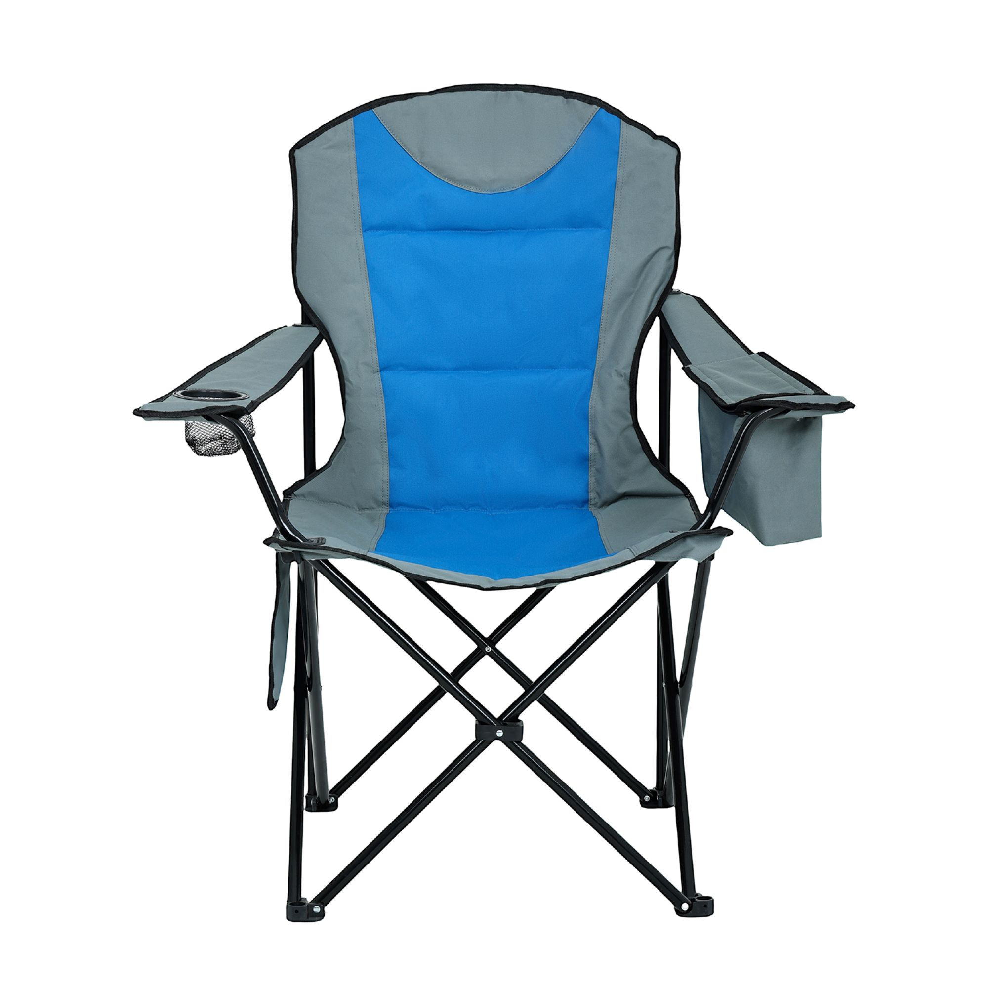 Wygodne krzesło kempingowe FOTYN z uchwytem na kubek i pojemnikiem chłodzącym w kolorze szarym z niebieskim - AKORD Fabryka Mebli
