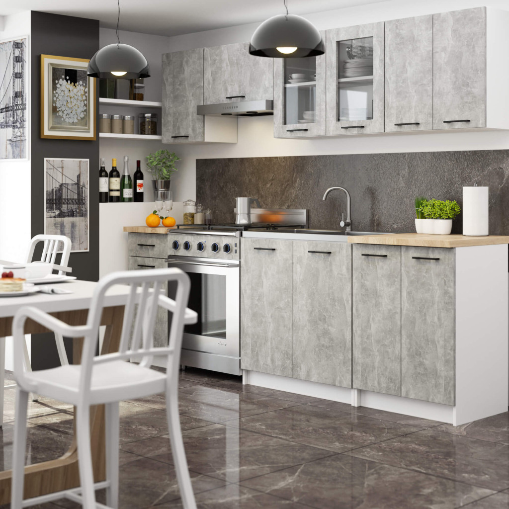 Meble AKORD - Zestaw kuchenny OLIWIA 2.4m Biały 240 cm 11 drzwi 1 szuflada kolor Beton mat 12 półek 240x46x203 cm - Producent mebli - tanie meble